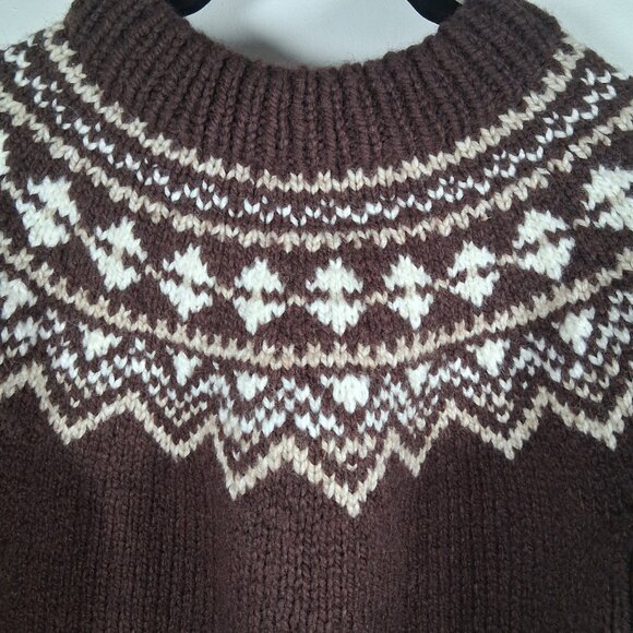 Wool Chunky Hand Knit Fair Isle Sweater Brown Tan Warm Cozy Cabincore Ski Chalet - Picture 4 of 11